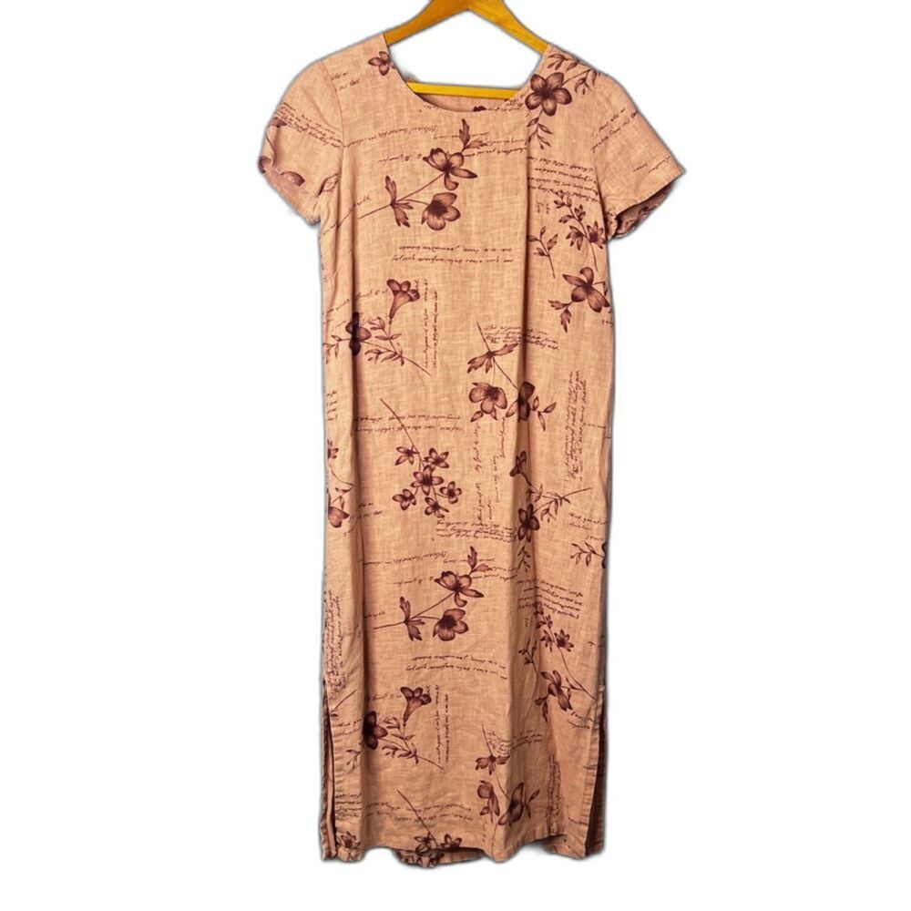 Linen Pink Floral Print Short Sleeve Shift Maxi Dress Size Medium Summer